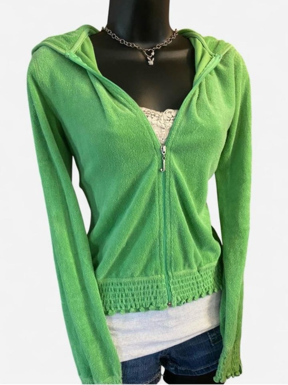 Y2k Juicy Couture Green Terry Cloth Zip Up Hoodie with Ruffle Trim Detail